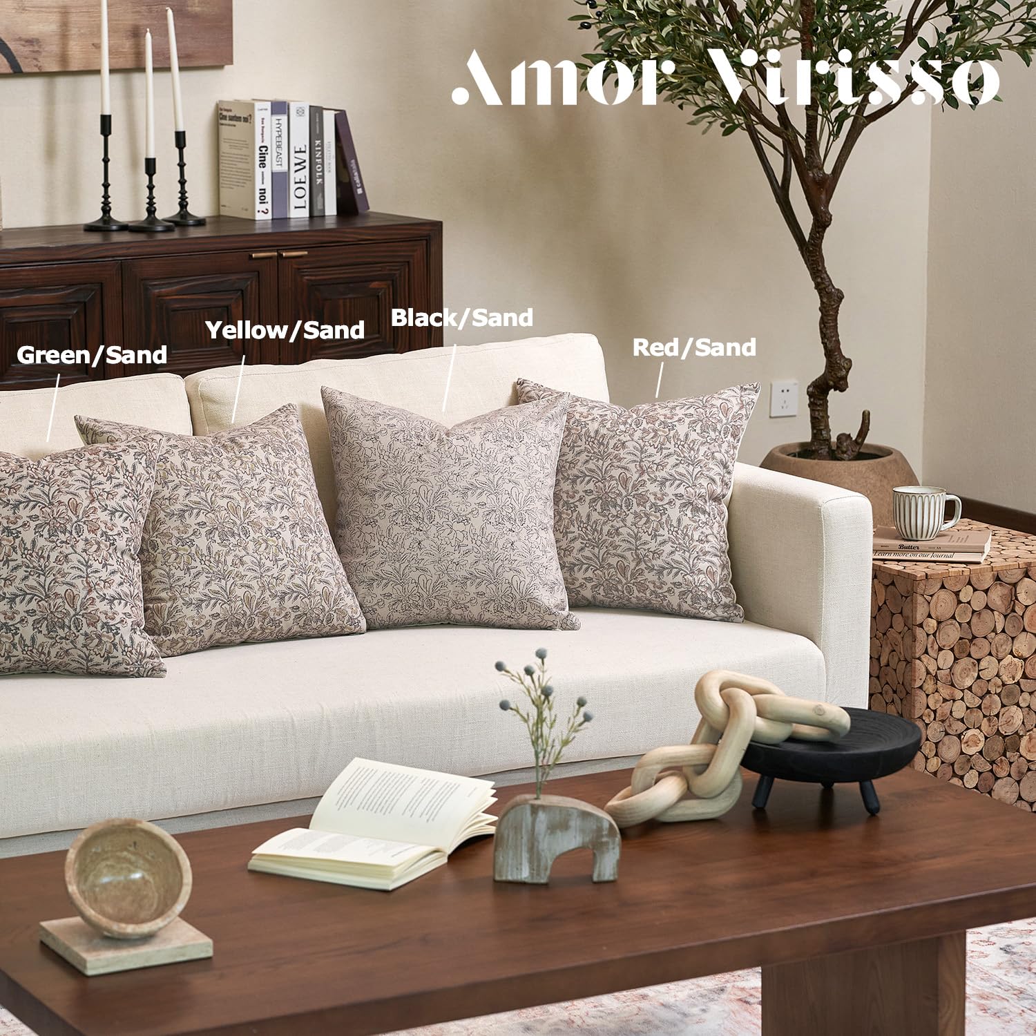 Amor Virisso floral pillow cover 20x20 living room scene with coordinated decor