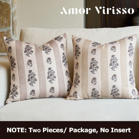 Amor Virisso neutral striped accent on floral cover complements decor