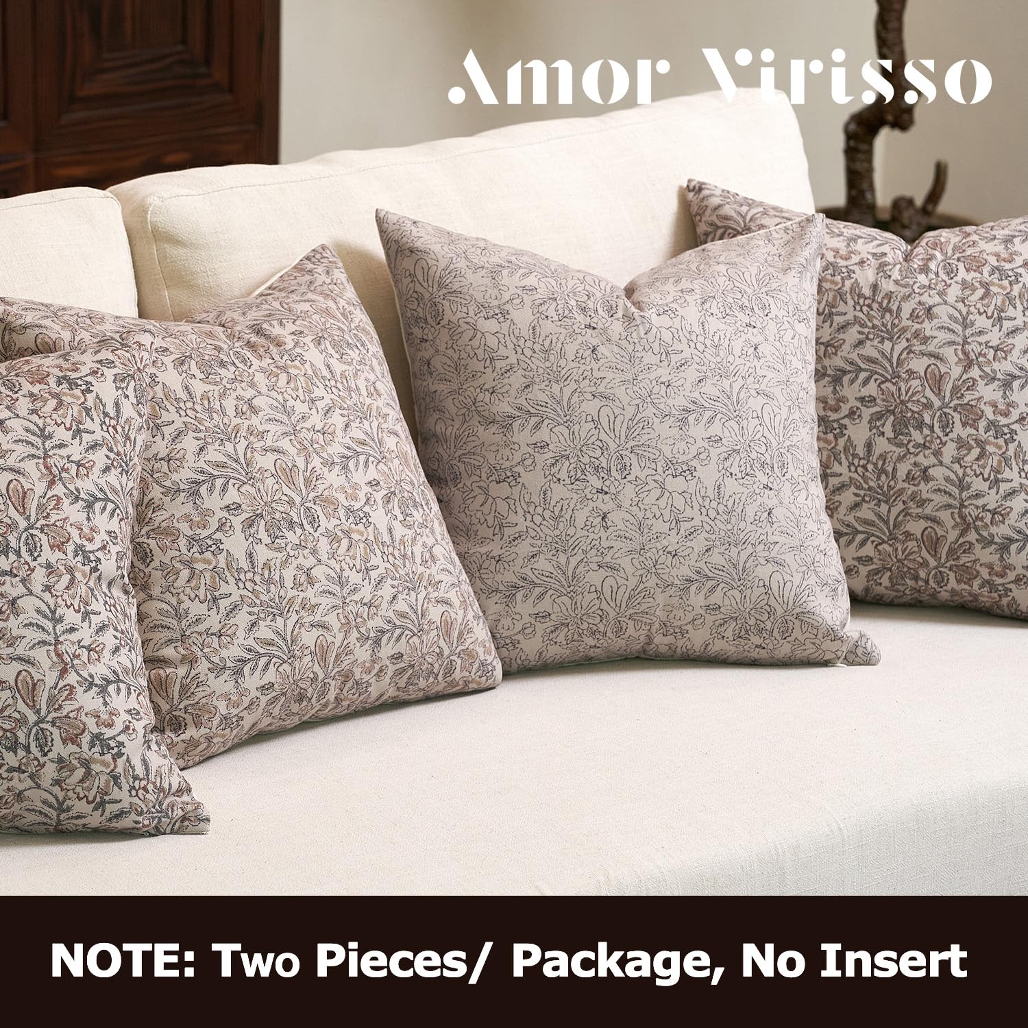 Amor Virisso floral pillow cover 20x20 on a sofa to suggest farmhouse styling