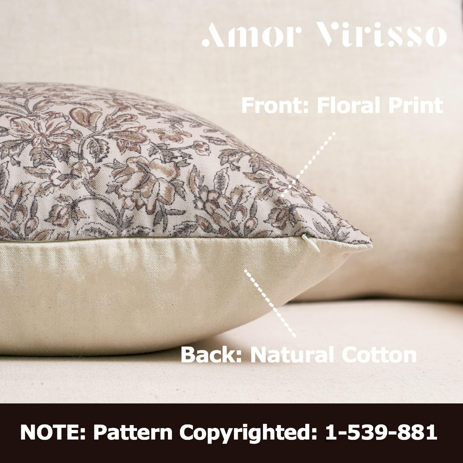 Amor Virisso floral pillow cover 20x20 side zipper closeup showing concealed closure