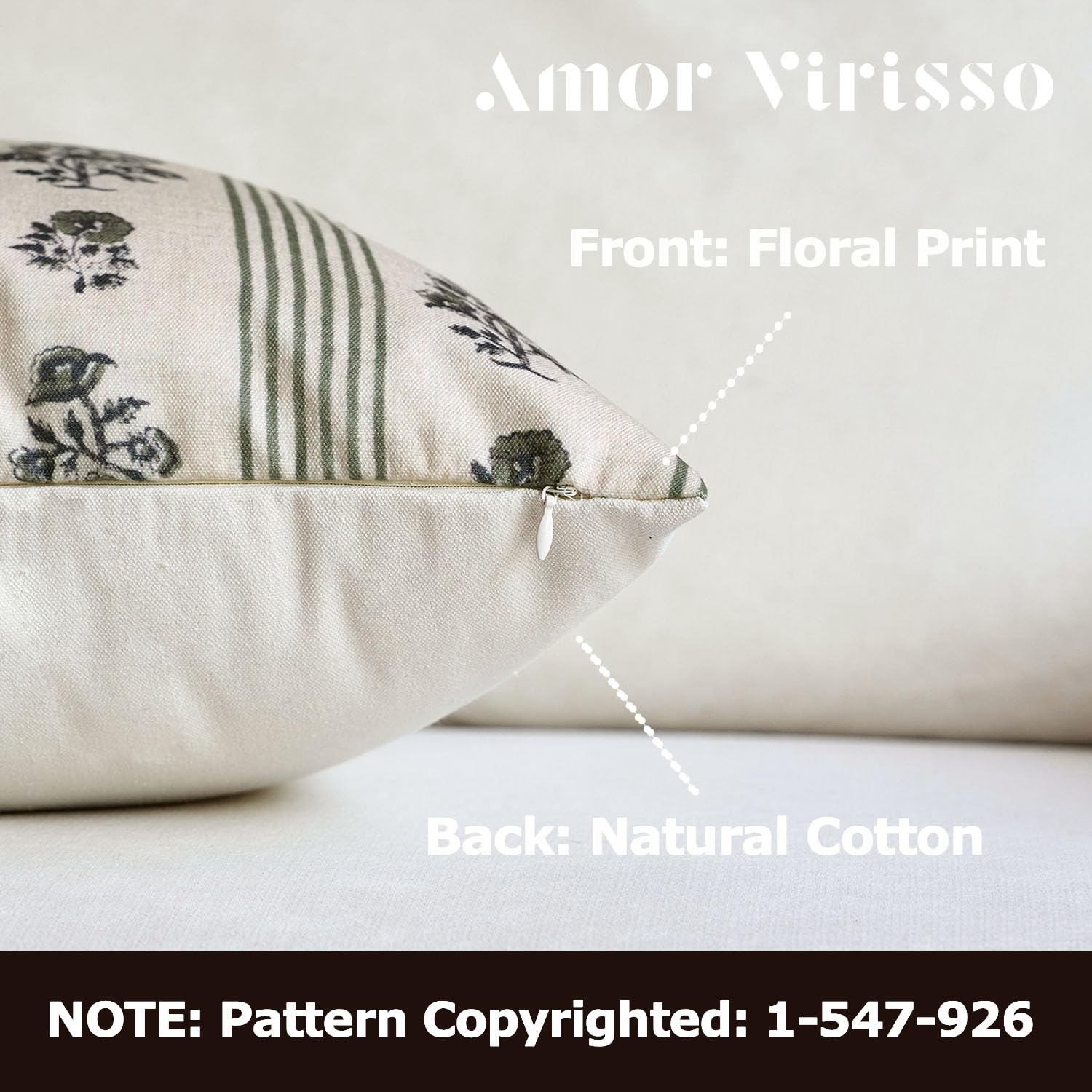 Amor Virisso floral pillow cover back view with plain cotton backing for versatile styling.
