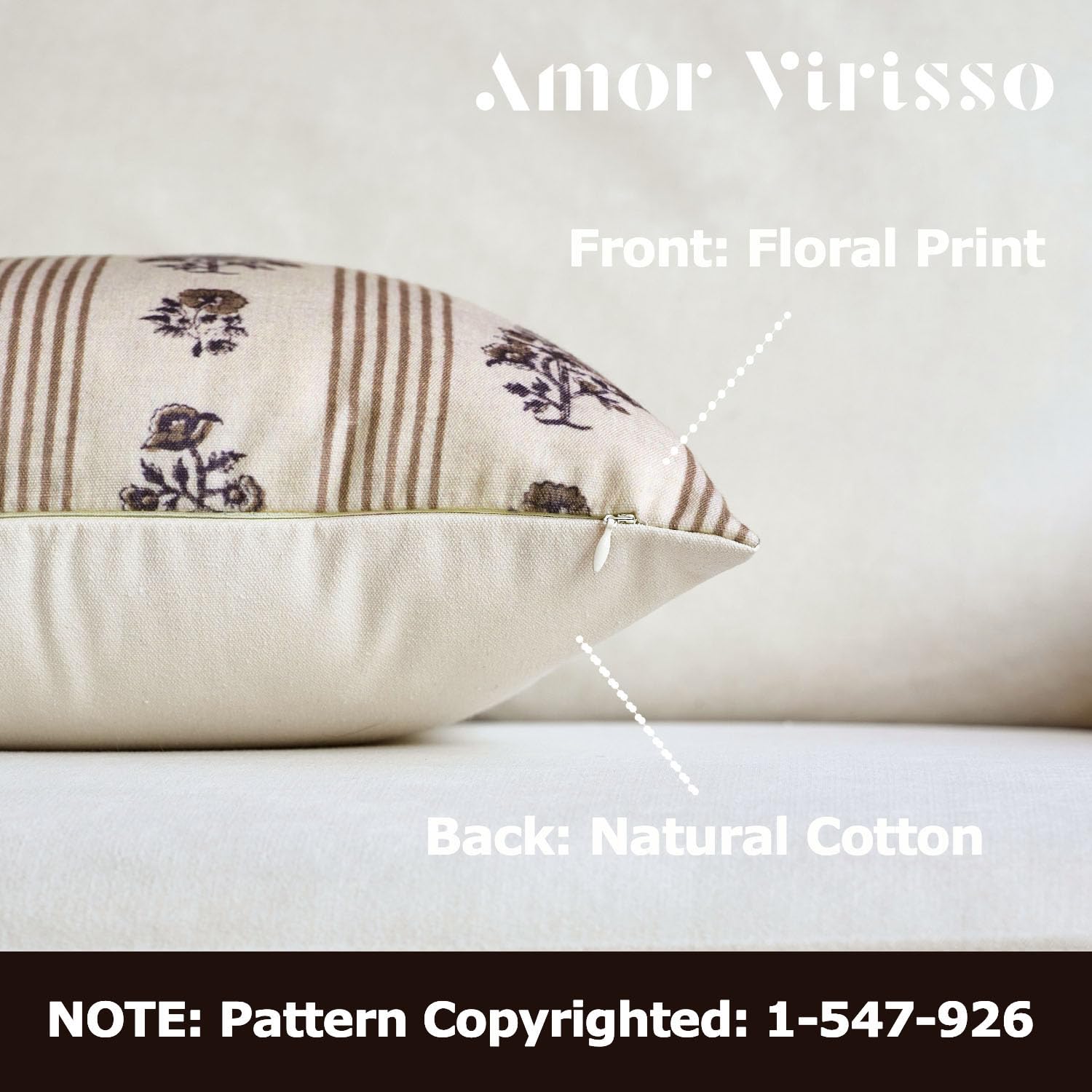 Amor Virisso floral throw pillow cover back view with cotton backing for versatile styling.