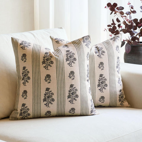Amor Virisso floral throw pillow cover front view in dusty green for sofa elegance.