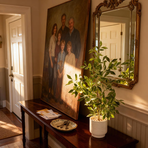 Amore Florals artificial ficus; no watering required for low-light spaces.