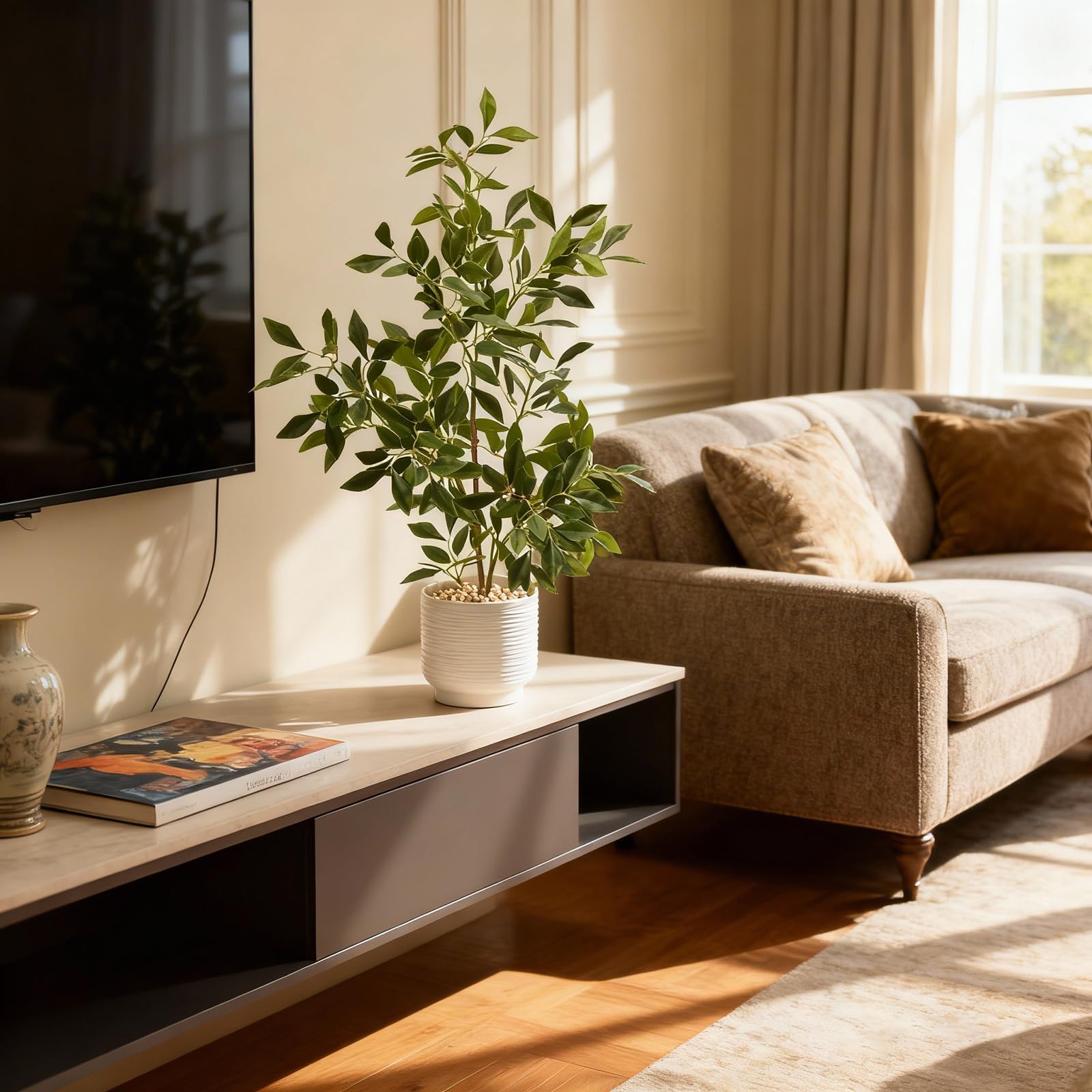 Amore Florals realistic indoor plant; heavy base keeps it stable around children and pets.