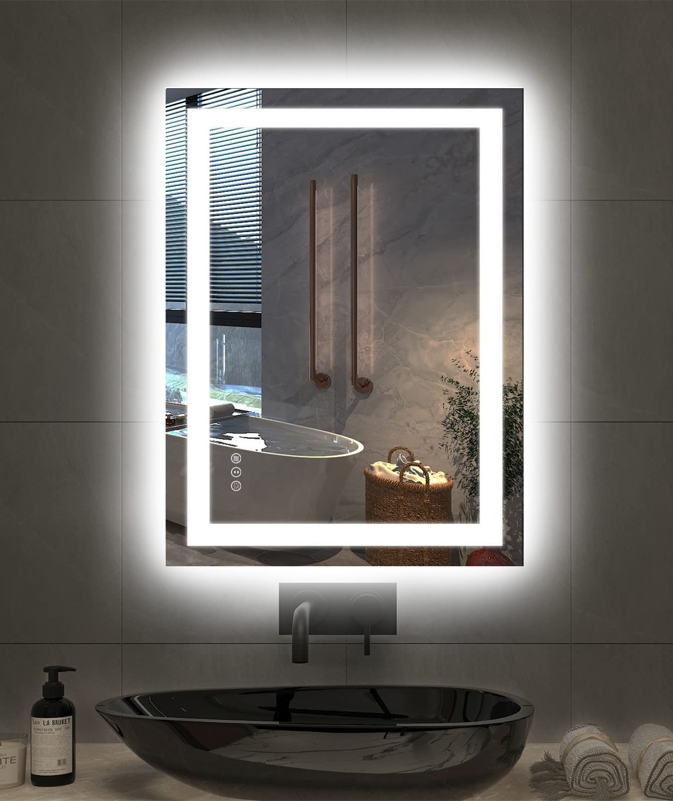 Amorho double LED bathroom mirror with front and back lighting for precise makeup lighting.