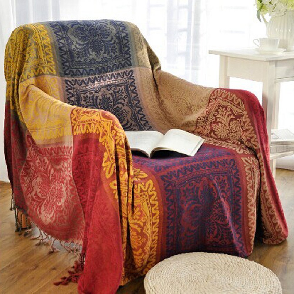 Amorus boho sofa cover with chenille tassels adds cozy color to living room