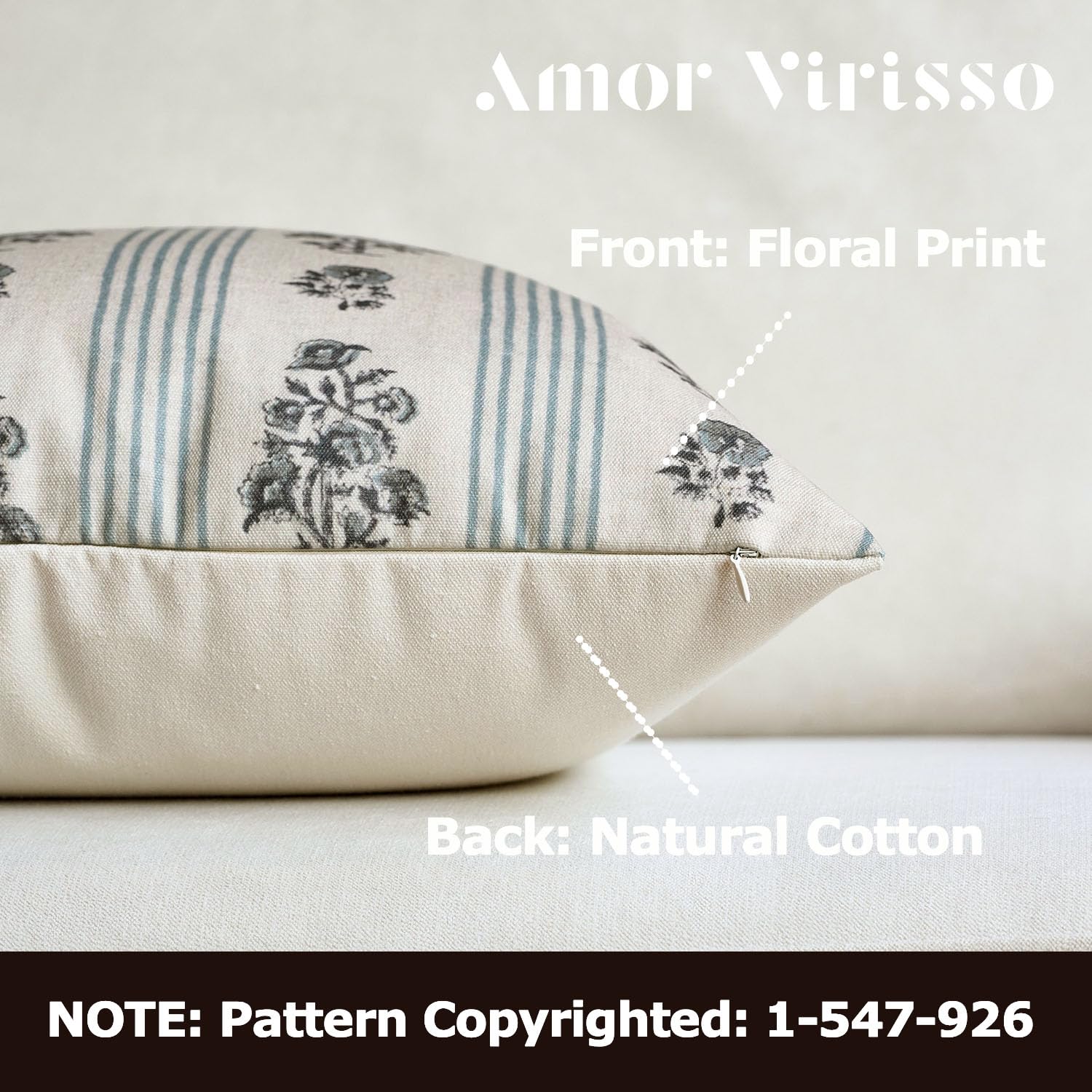Amor Virisso floral throw pillow cover back view shows plain cotton for easy pairing.