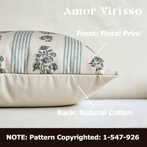 Amor Virisso floral throw pillow cover back view shows plain cotton for easy pairing.