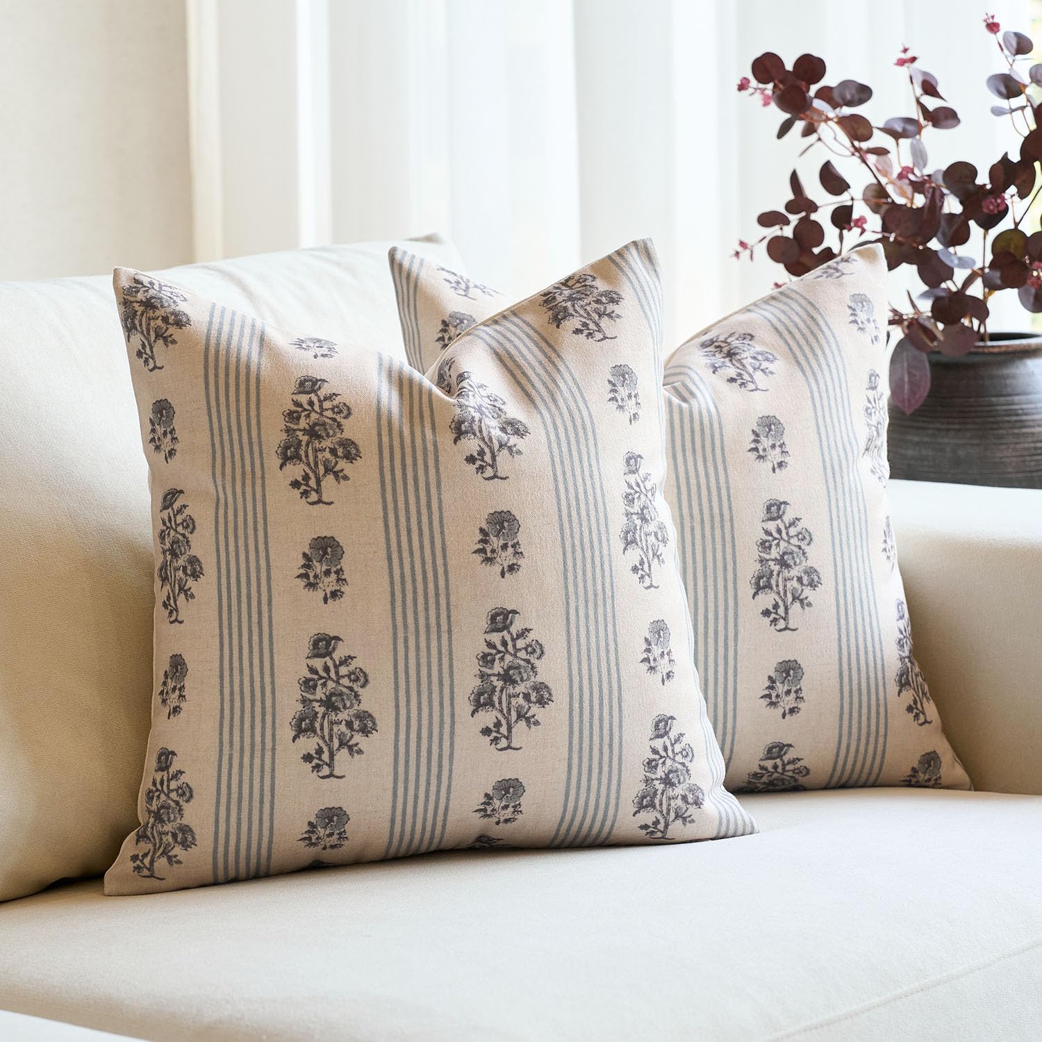 Amor Virisso floral throw pillow cover front pattern details for sofa styling.