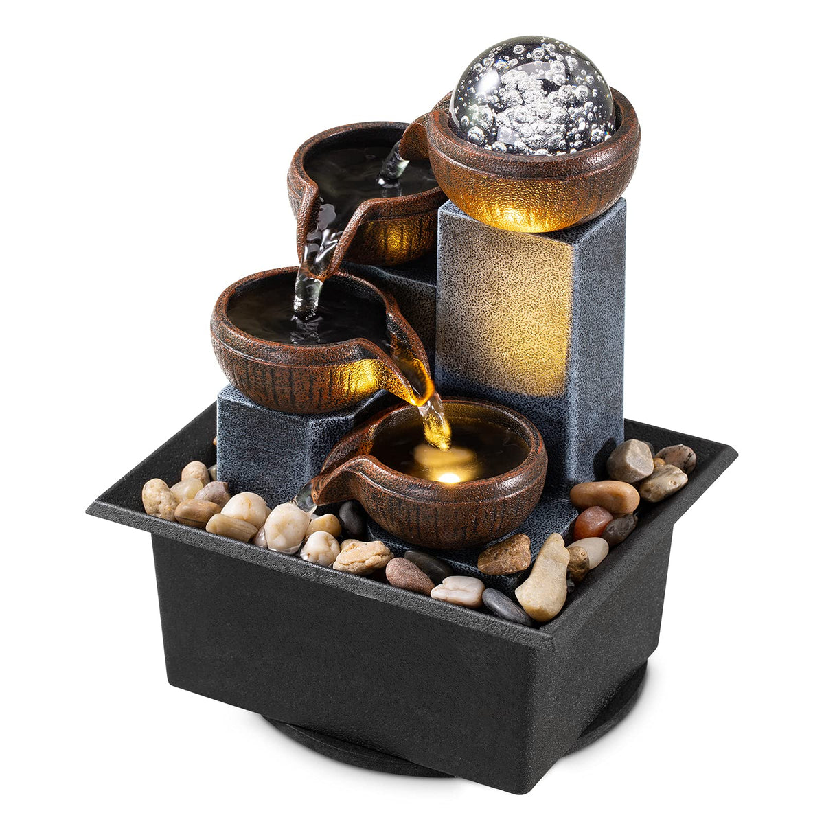AMOOTEK tabletop fountain with four-level waterfall for calming desk ambiance.
