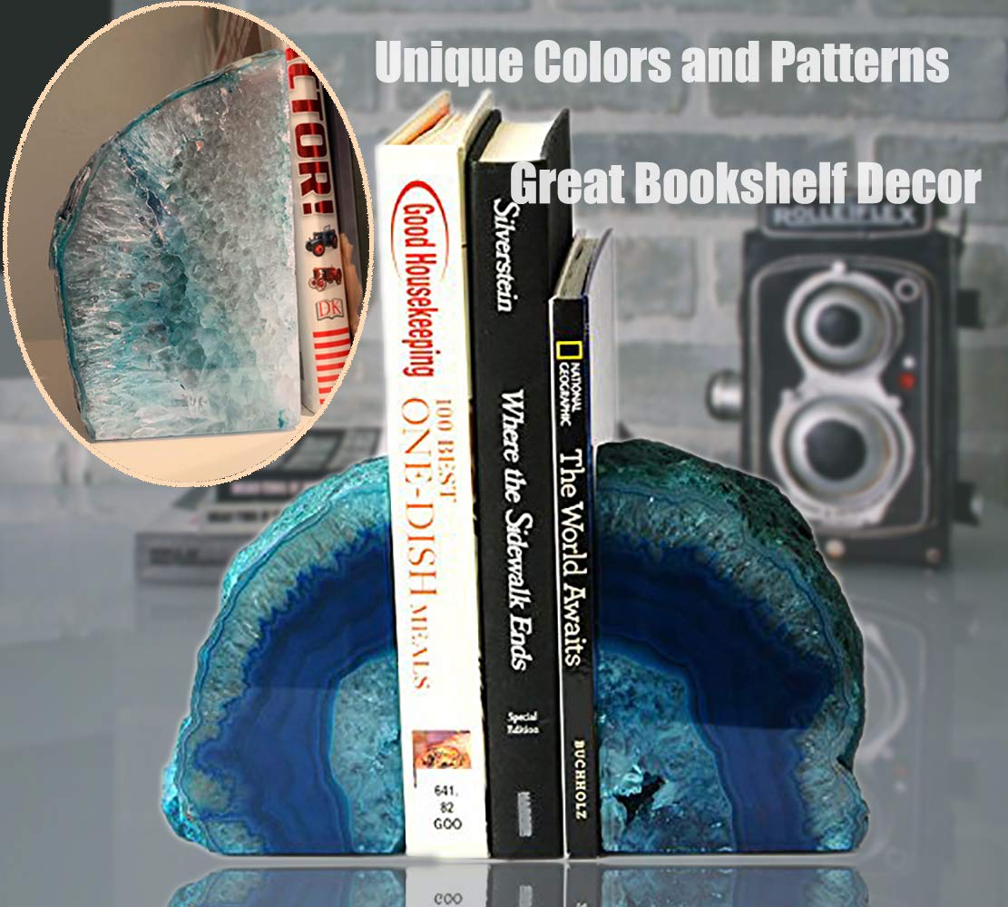 Teal dyed agate bookends show unique shading for a decorative accent.