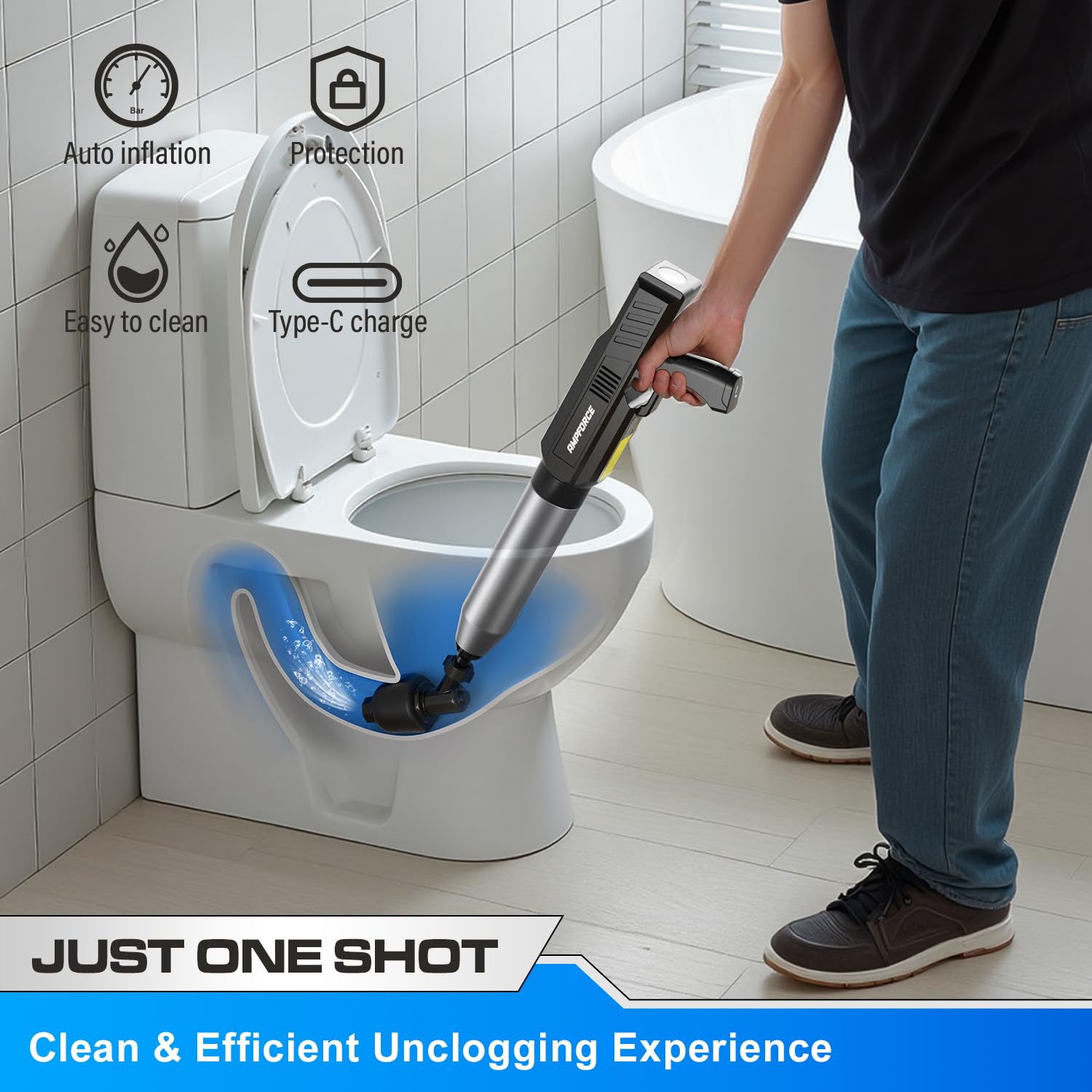 AMPFORCE electric toilet plunger 120-degree head forms a tight seal to prevent splash