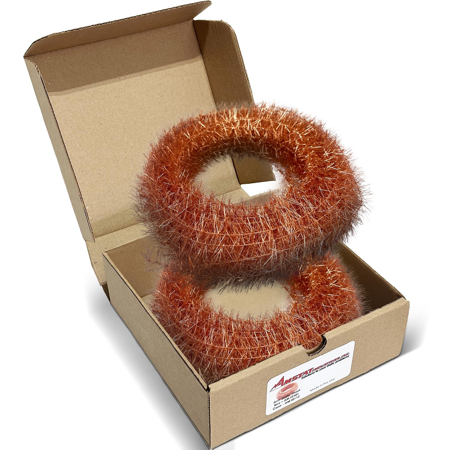 Amstat Premium Conductivity Copper Tinsel with solid wire center for effective static elimination.