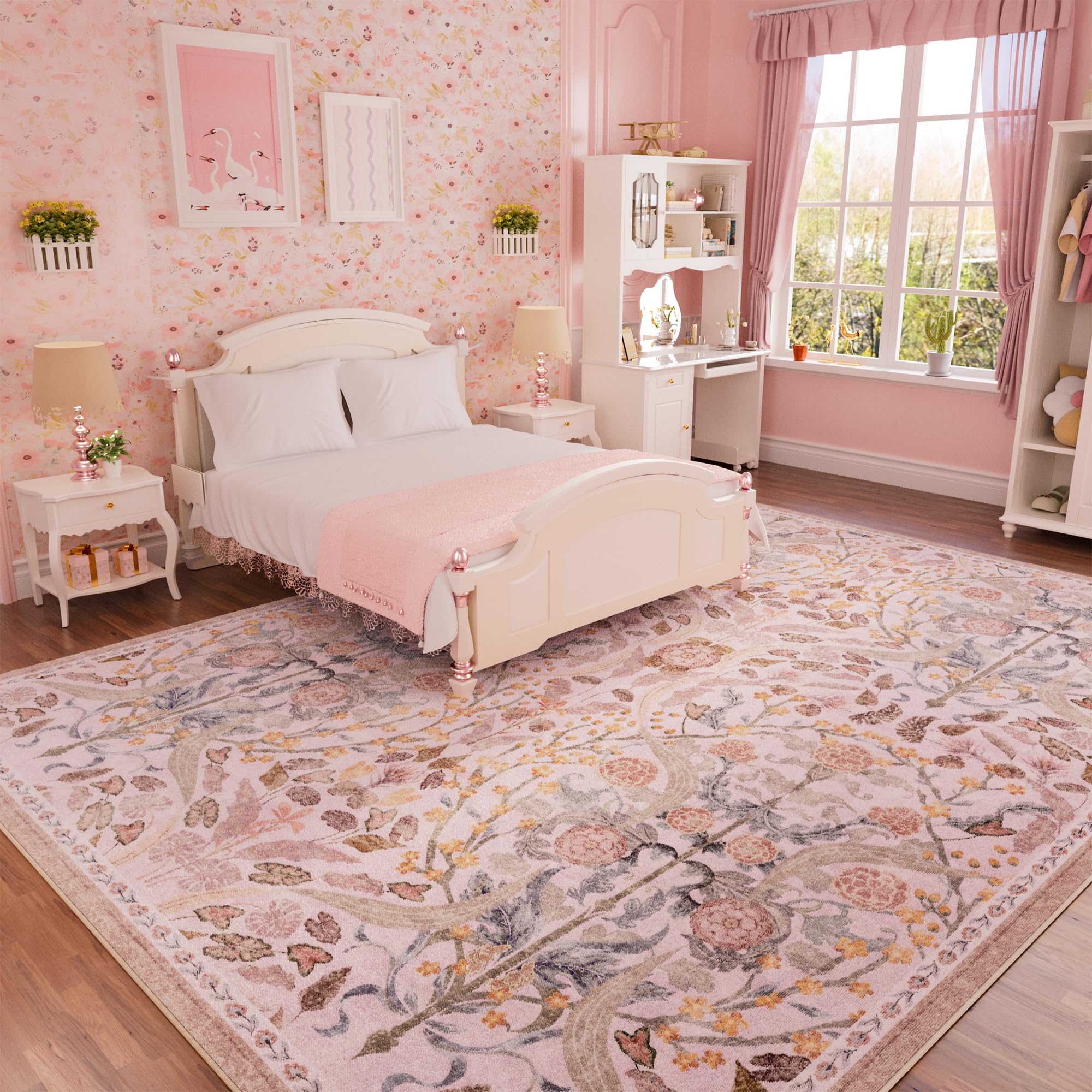 AMTOVO floral 8x10 rug in pink adds warm style and durable comfort to living rooms.