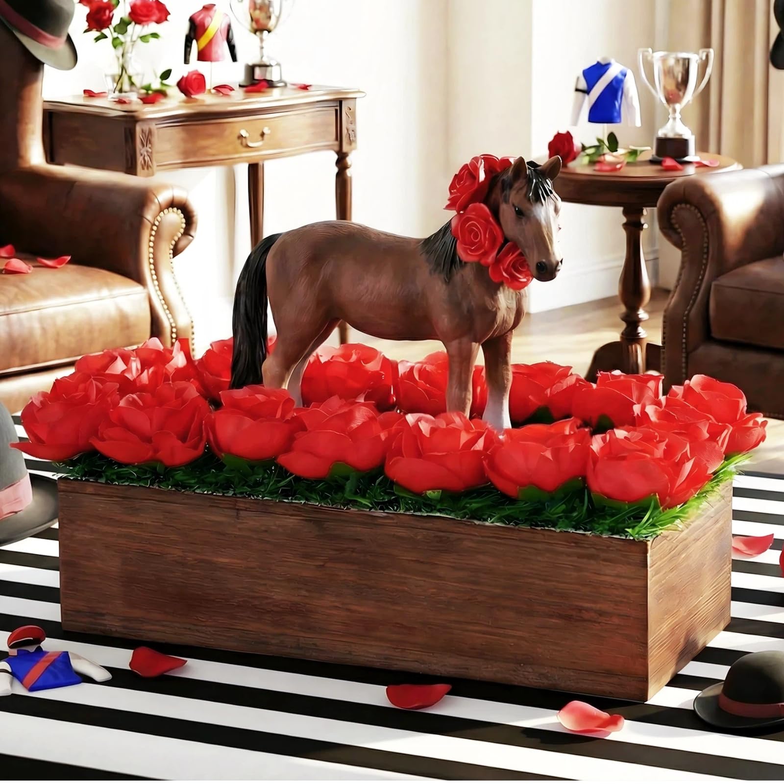 Amyhill Derby table centerpiece with wooden base and lifelike horse figurine for elegant racing decor