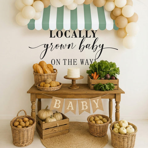 Amyhill green and white striped canopy for a fresh baby shower backdrop