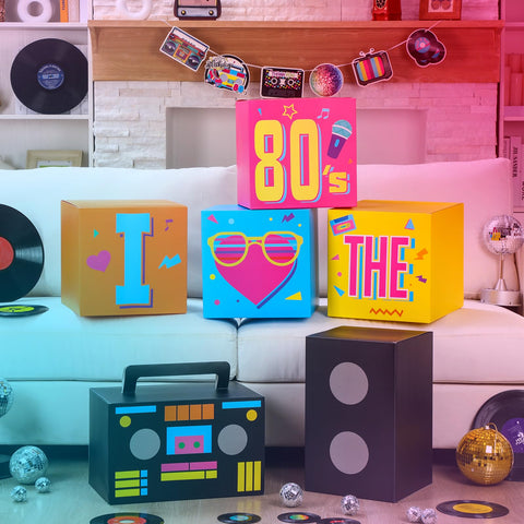 Amyhill neon disco decor boxes create a lively retro backdrop.