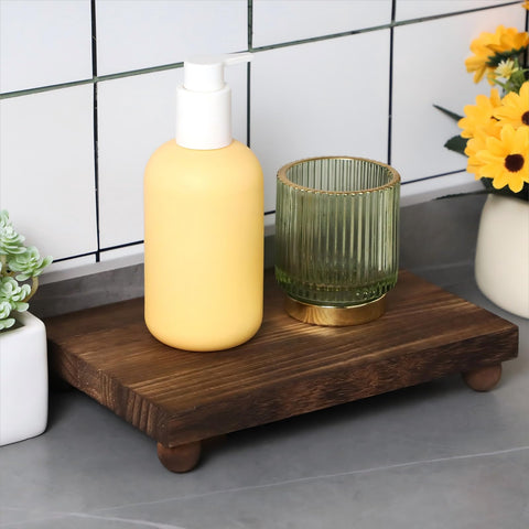 Amyhill wood pedestal stand kitchen counter display holds decor and jars.
