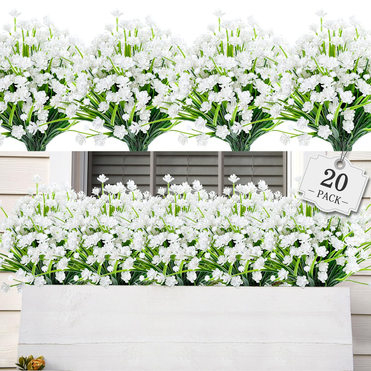 AmyHomie 20 bundles outdoor artificial flowers in pure white with fade-free color.