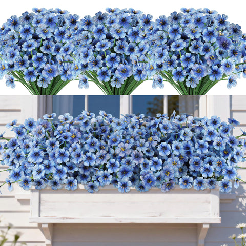 AmyHomie blue outdoor artificial flowers in a planter showing UV resistance