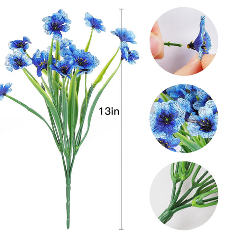 Close-up of AmyHomie blue artificial flowers with silk-like petals outdoors