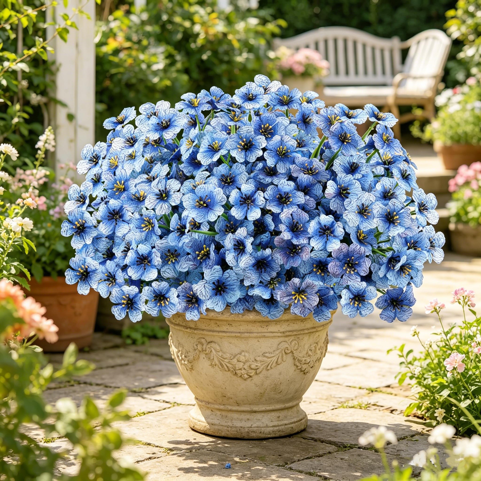 AmyHomie blue artificial flowers in a hanging basket with bendable stems