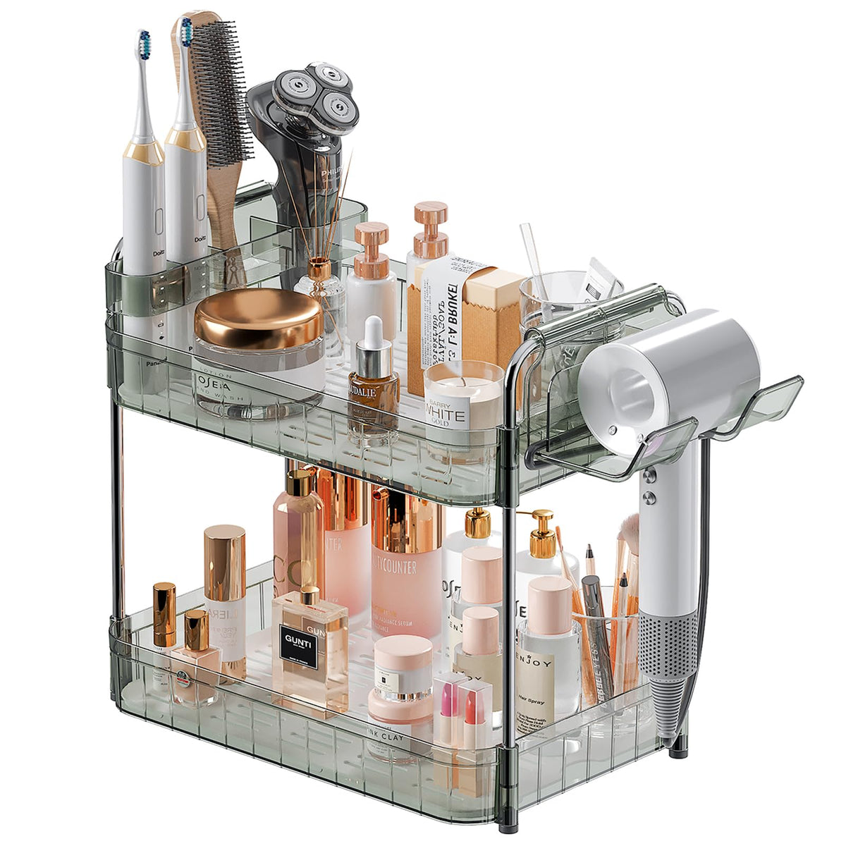 AmzAge hair dryer holder mounted on the 2-tier organizer for easy access and neat counter space