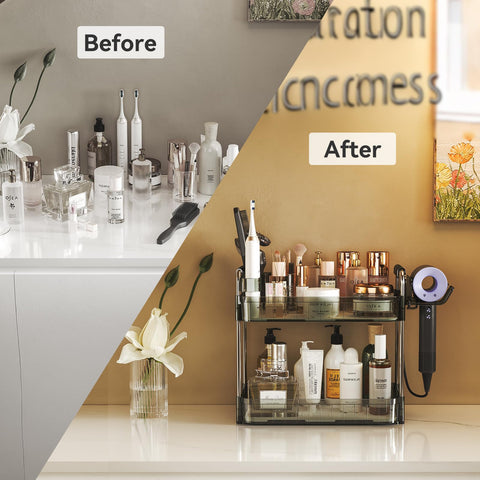 AmzAge skincare bottles neatly arranged on the lower tray for quick reach