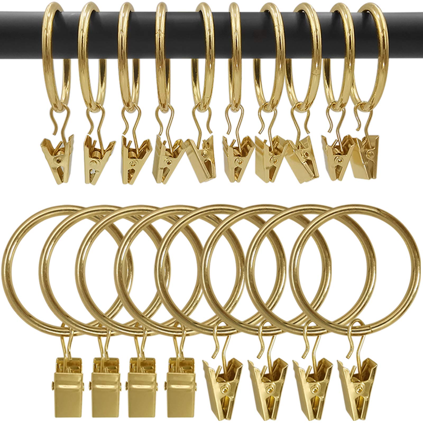 AMZSEVEN 100-pack gold curtain rings with clips, smooth glide for effortless drapery hanging.