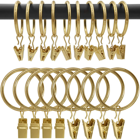 AMZSEVEN 100-pack gold curtain rings with clips, smooth glide for effortless drapery hanging.