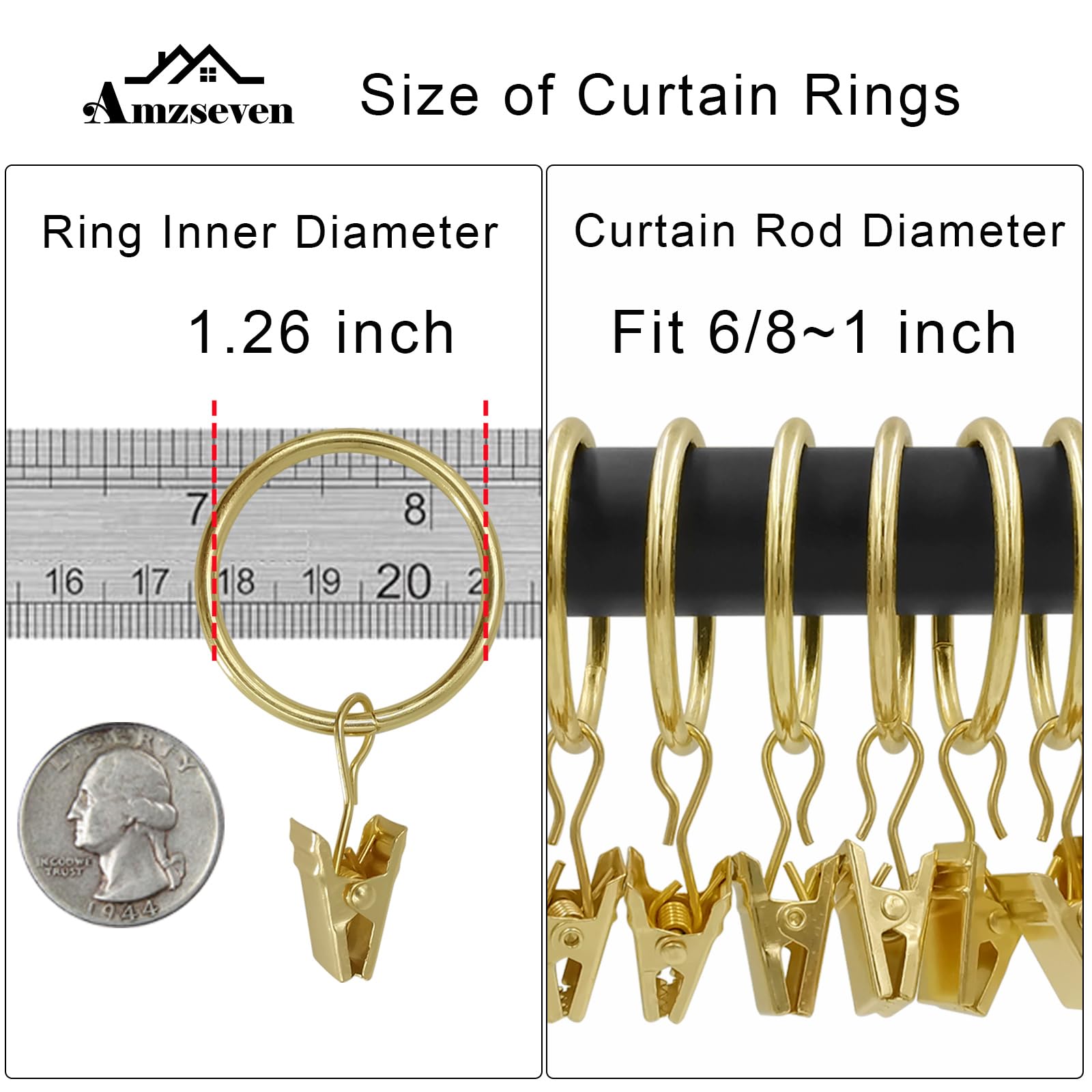 AMZSEVEN gold drapery rings with clips fit 1-inch rods