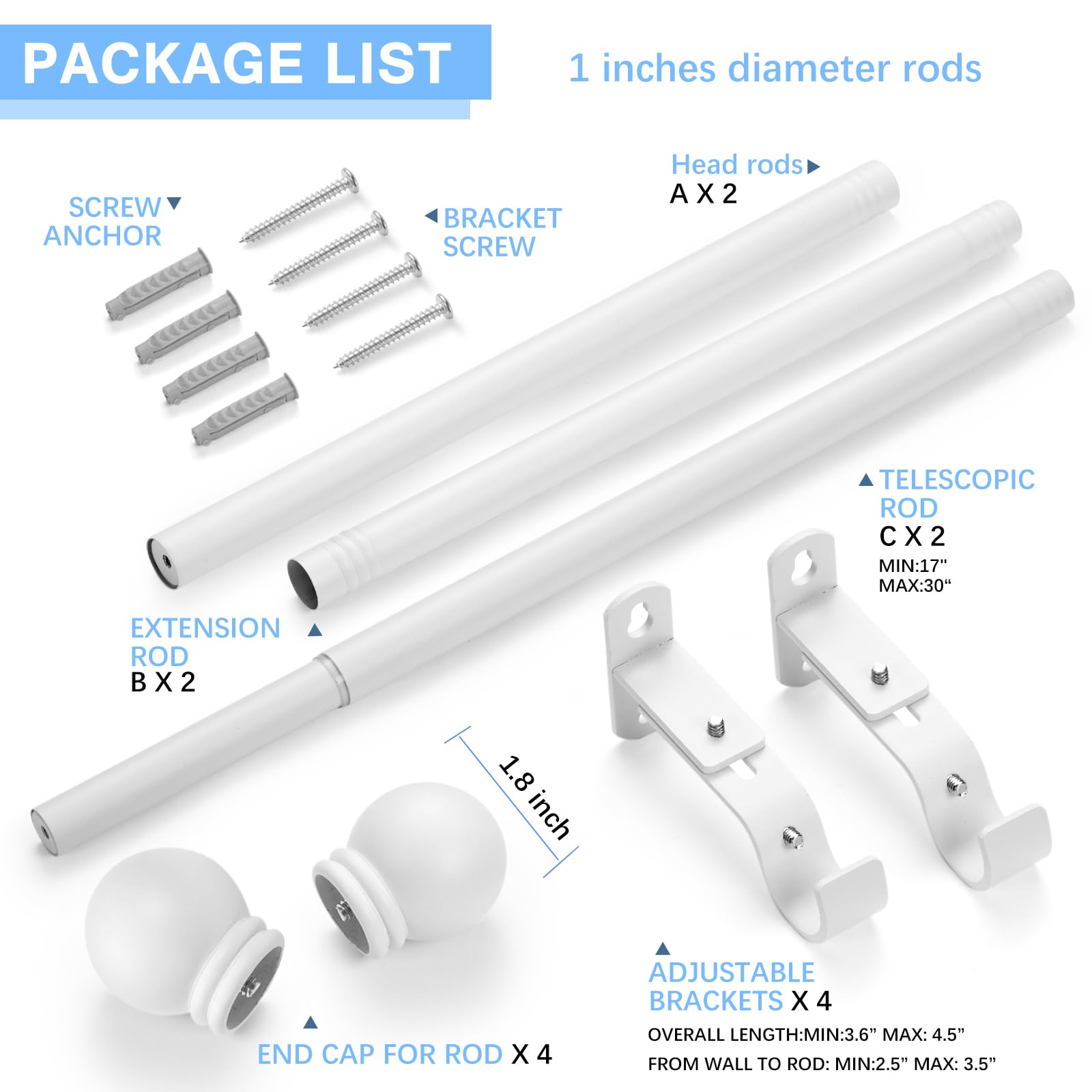 AMZSEVEN white curtain rod with round finials complements any decor.