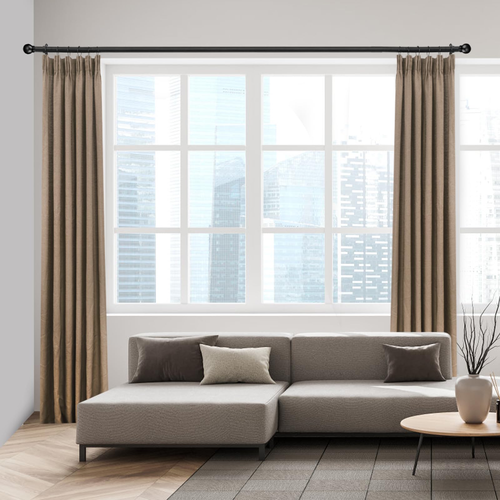 AMZSEVEN curtain rods mounted on a wall with assorted curtains