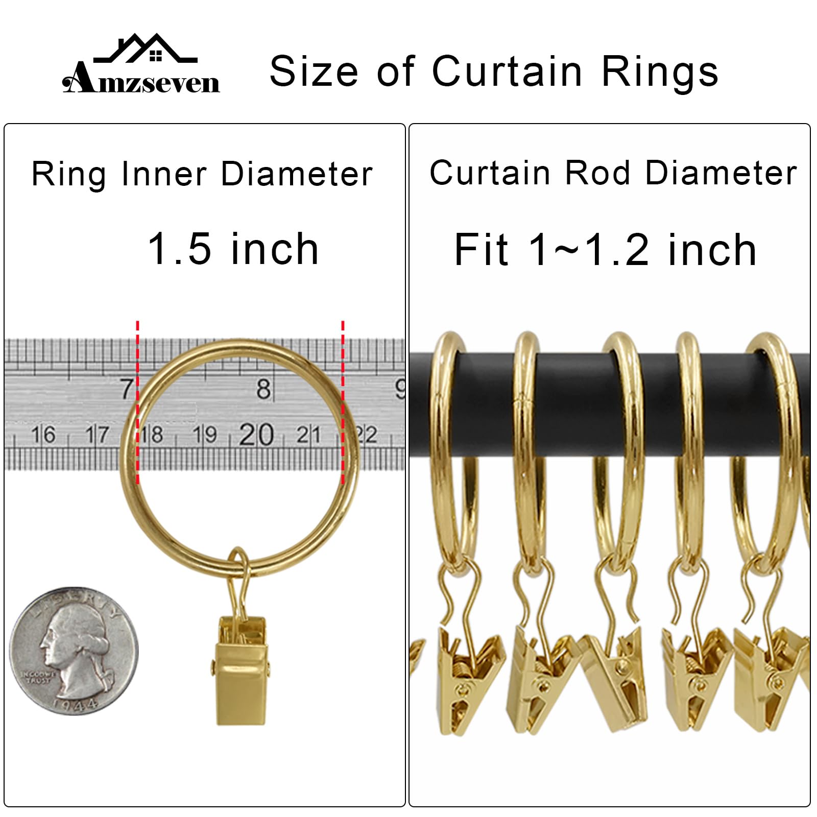AMZSEVEN gold metal curtain rings with clips glide smoothly and look premium.
