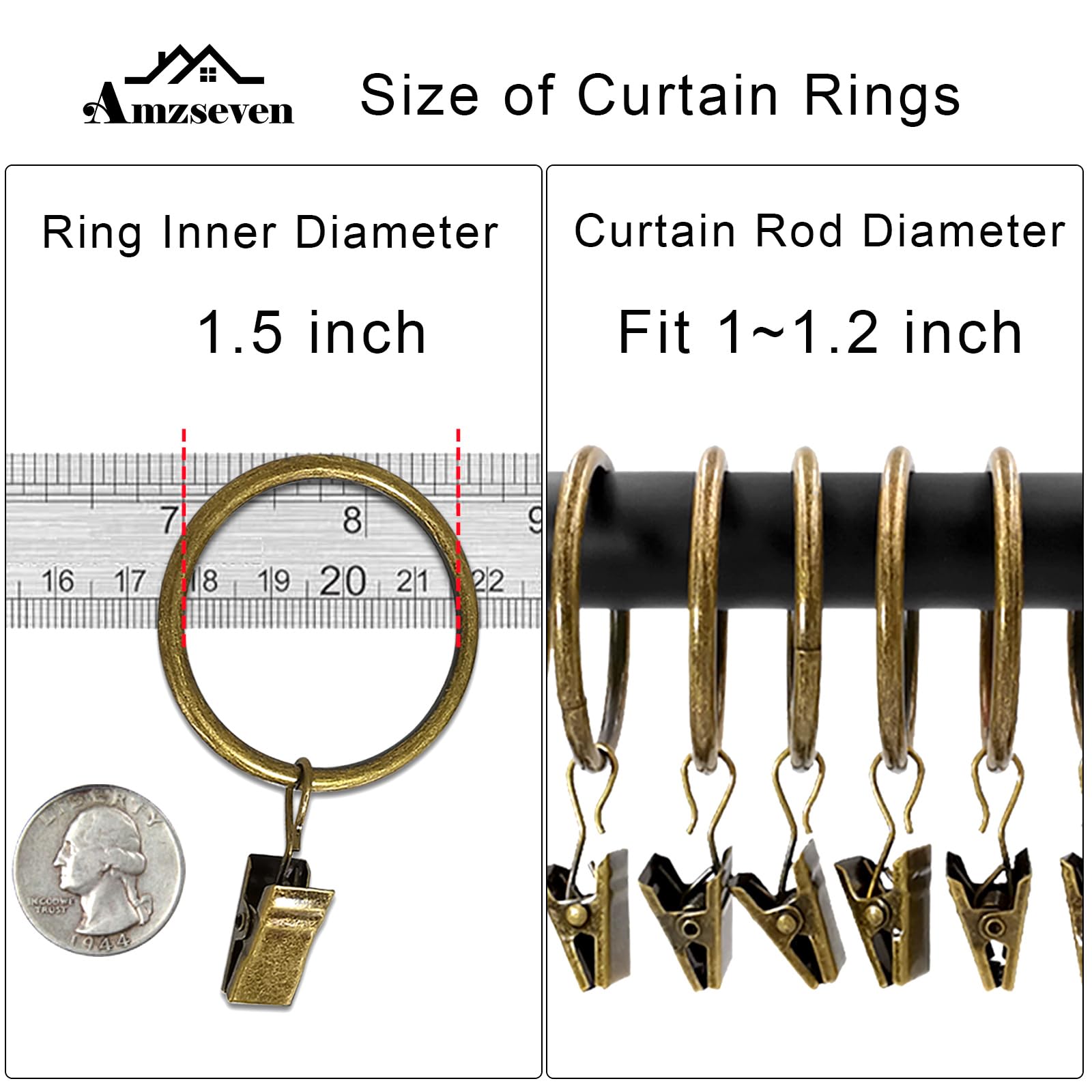 AMZSEVEN metal curtain rings with clips, polished bronze finish resists snagging