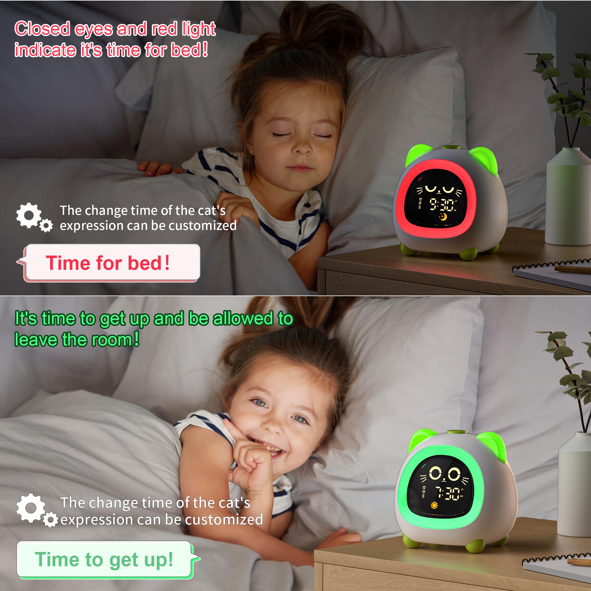 ANALOI green cat on nightstand demonstrates friendly wake-up light for kids.