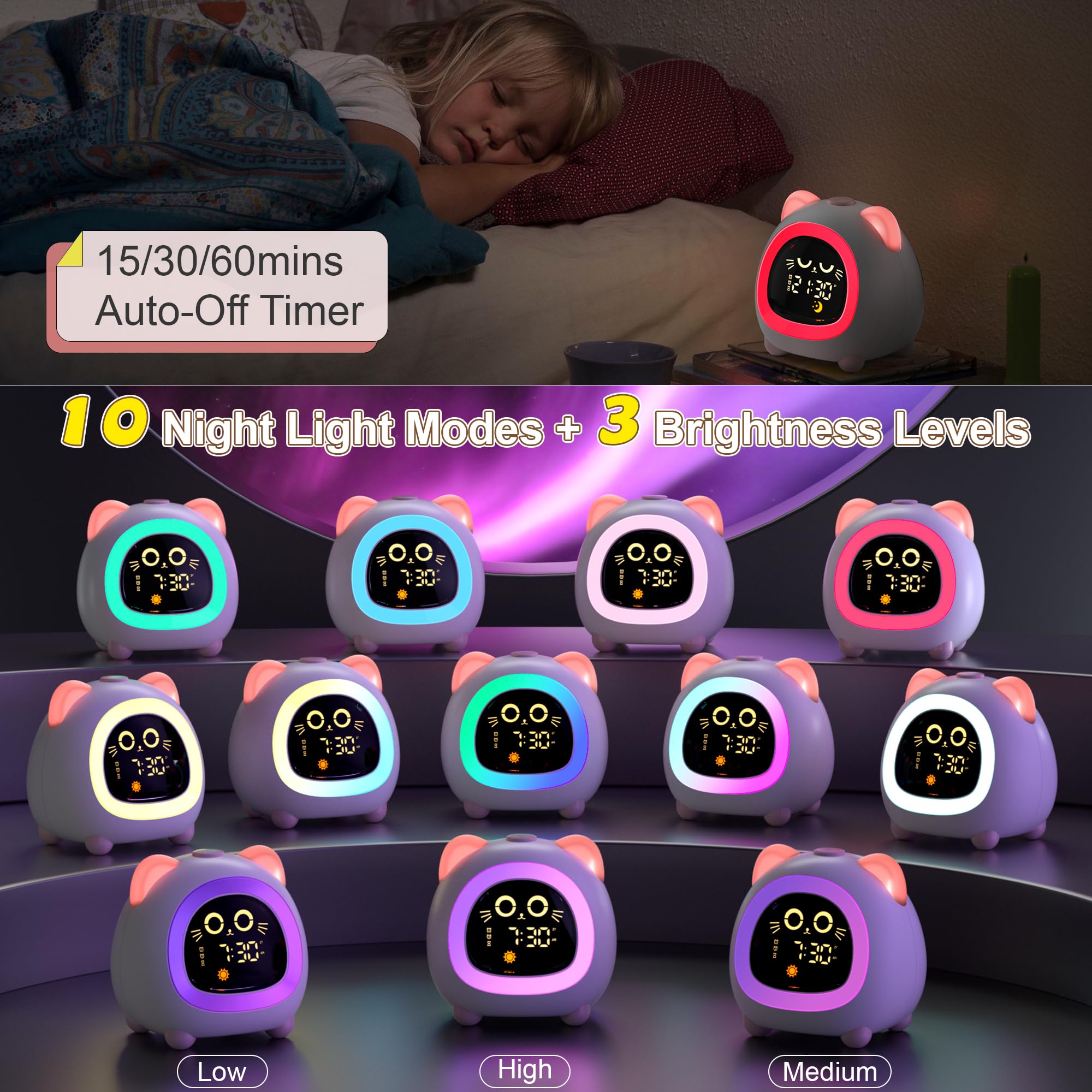 Analoi seven soothing sounds and ten-color night light create a cozy bedroom.