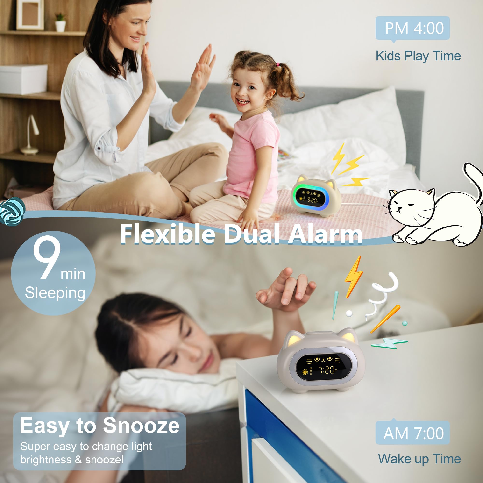 ANALOI kid clock shown in a tidy bedroom scene for everyday use.