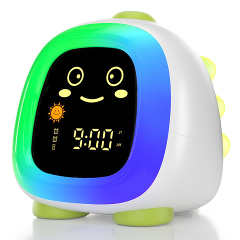analoi alarm clock in a kid's bedroom with a friendly dinosaur design for bedtime