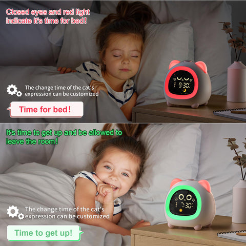 Analoi egg-cat design clock adds playful charm while signaling sleep and wake times.
