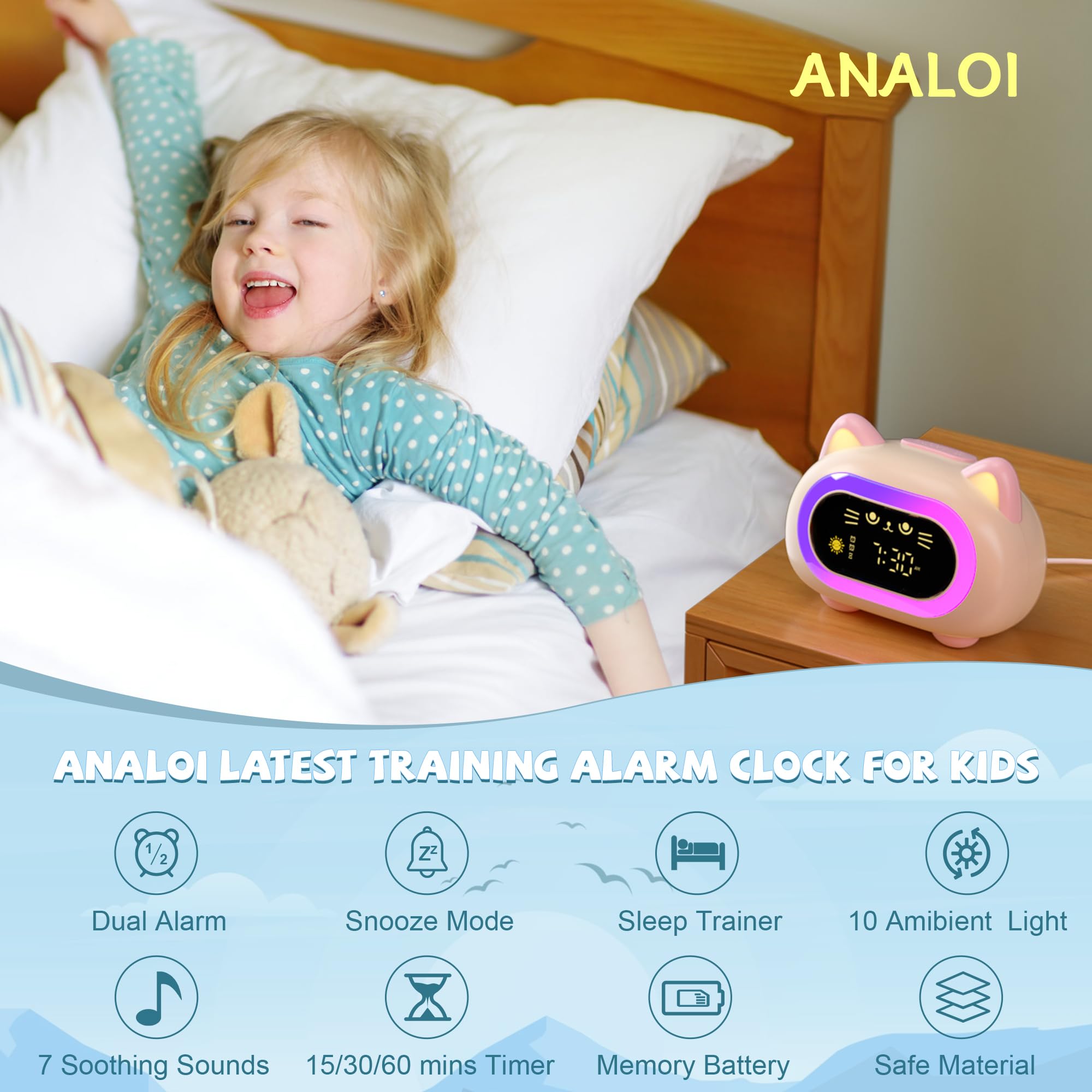 ANALOI kids alarm clock showing sleep-training visual cues