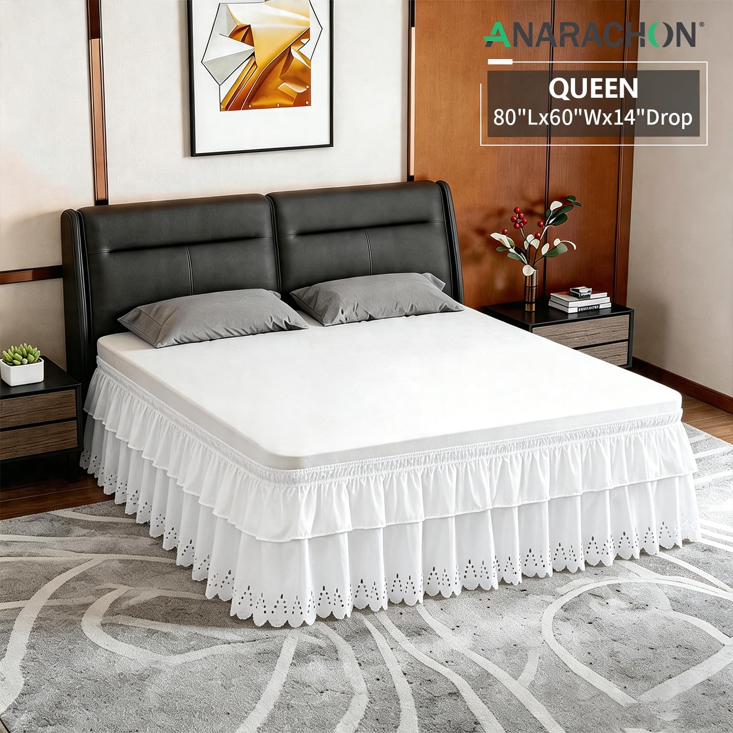 ANARACHON bed skirt features ruffled eyelet embroidery and a scalloped edge