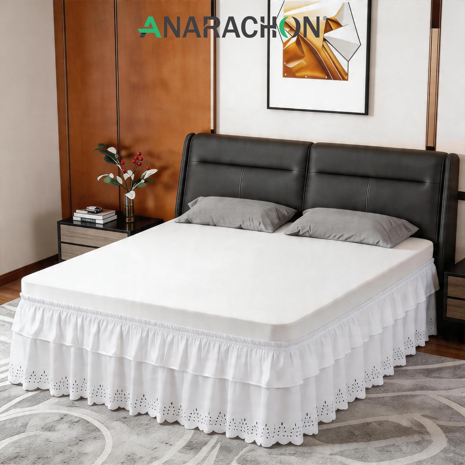 ANARACHON white bed skirt coordinates with most bedding ensembles