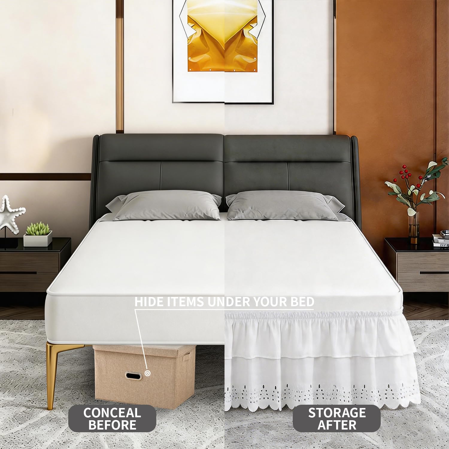 ANARACHON hidden storage conceals bed legs and under-bed items
