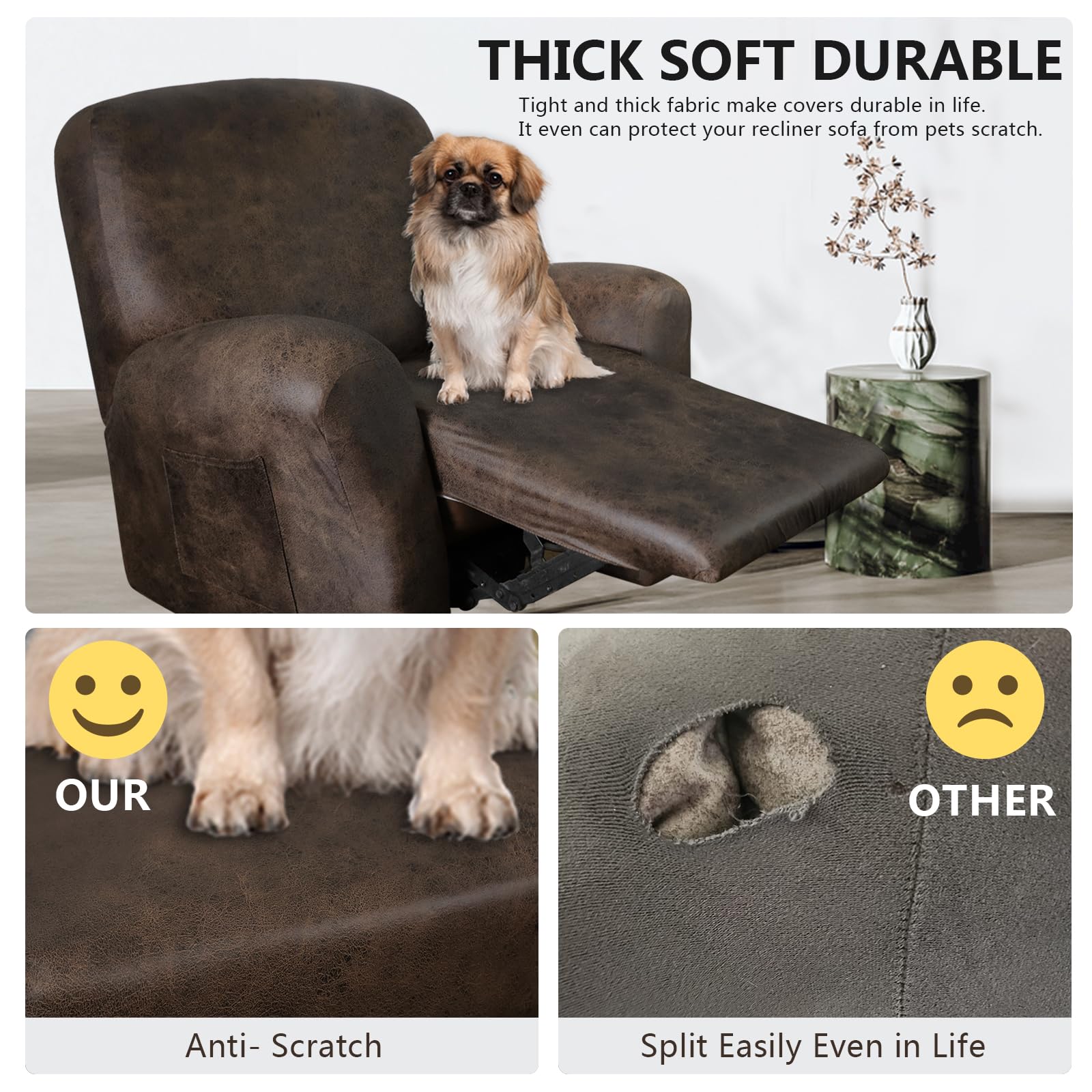 ANARACHON leather-like recliner cover left arm demonstrating secure fit.