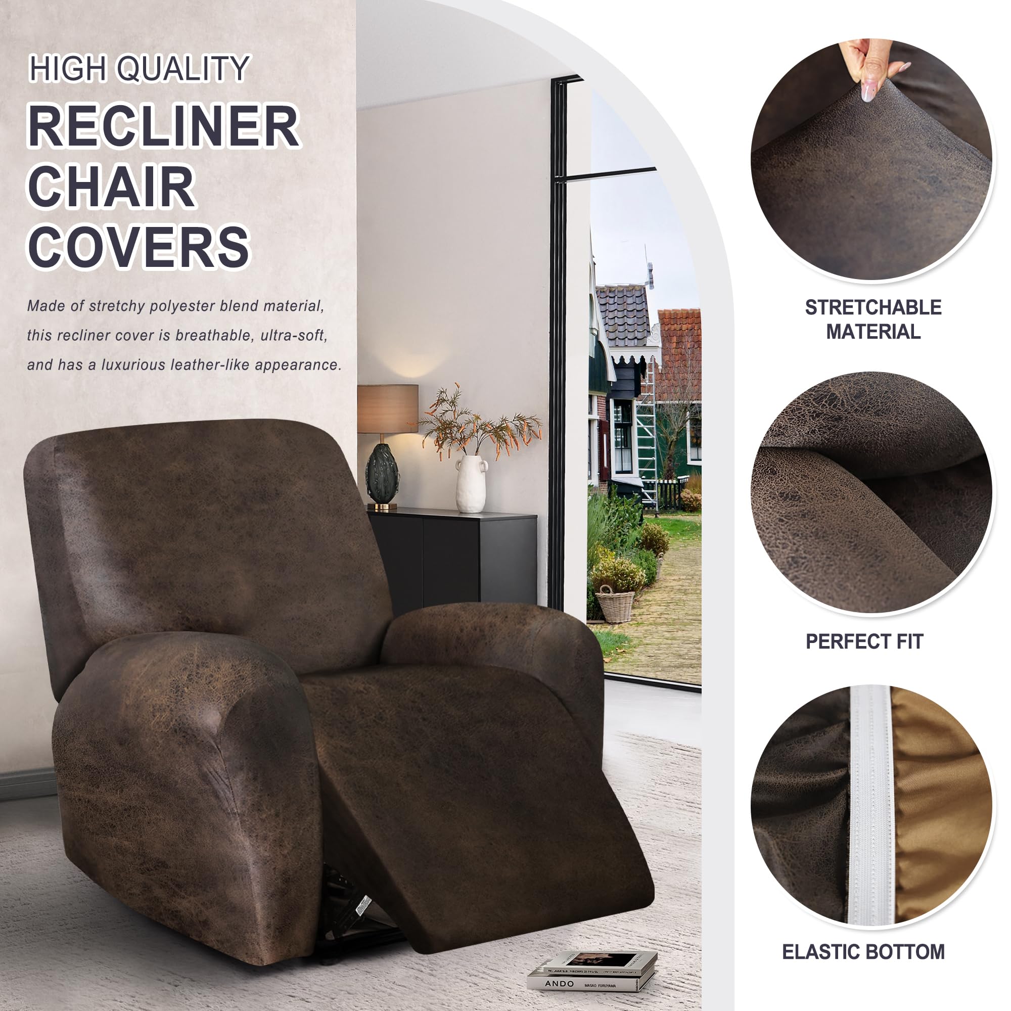 ANARACHON leather-look recliner cover side view with non-slip elastic bottom.