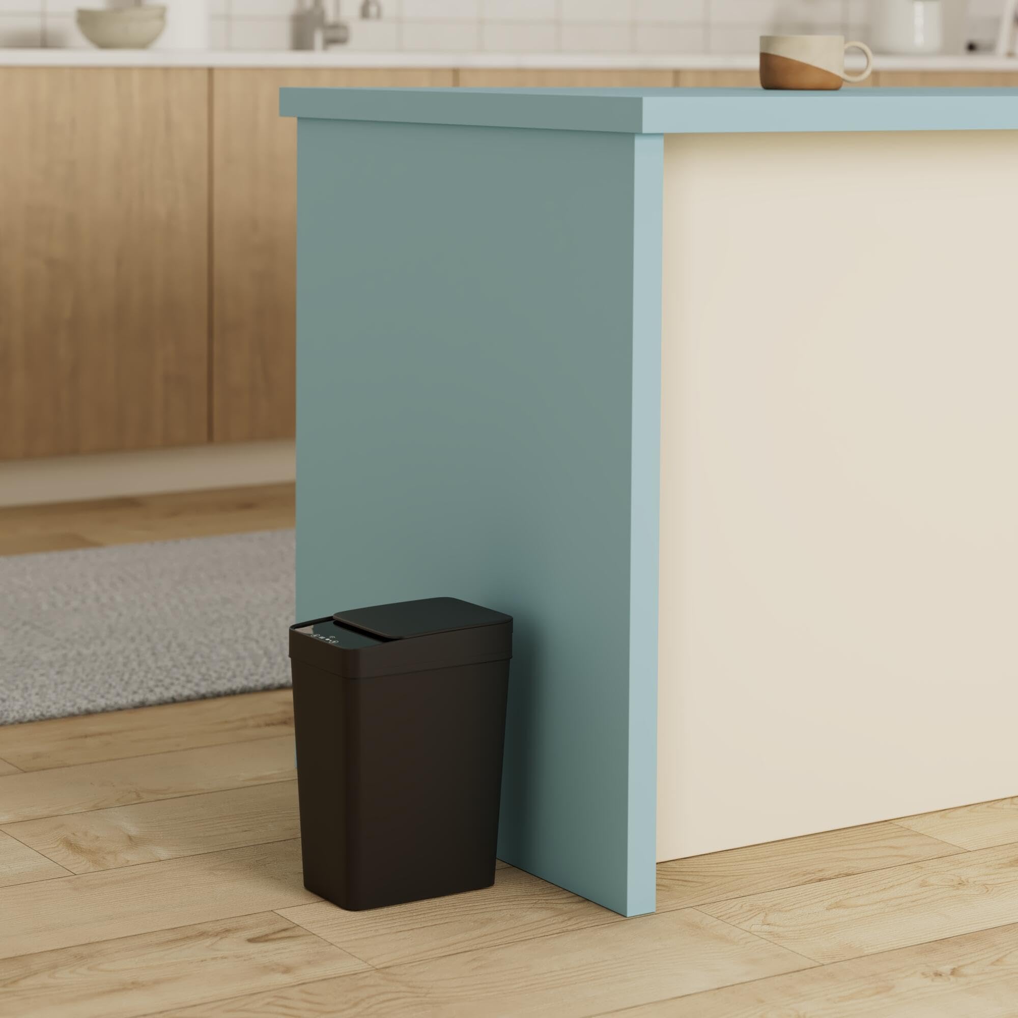 Anborry slim black trash can fits tight corners while reducing clutter.