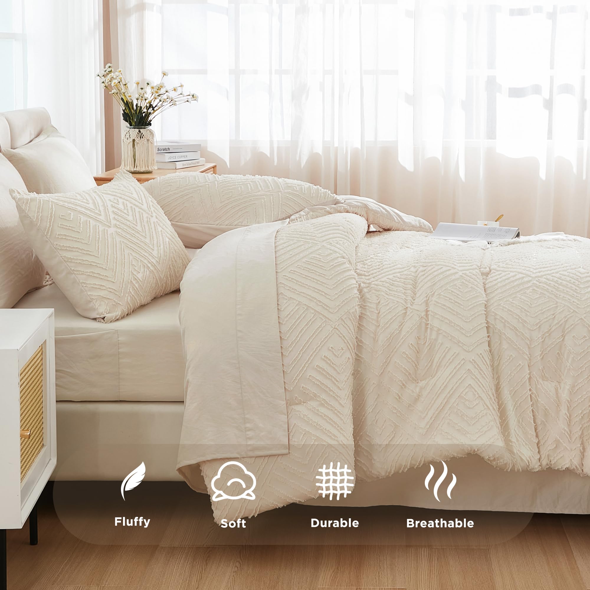 Andency beige bedroom setup showcases coordinated all-season bedding.