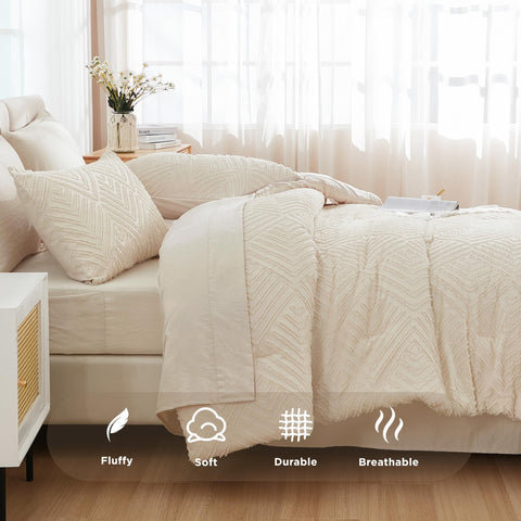 Andency beige bedroom setup showcases coordinated all-season bedding.